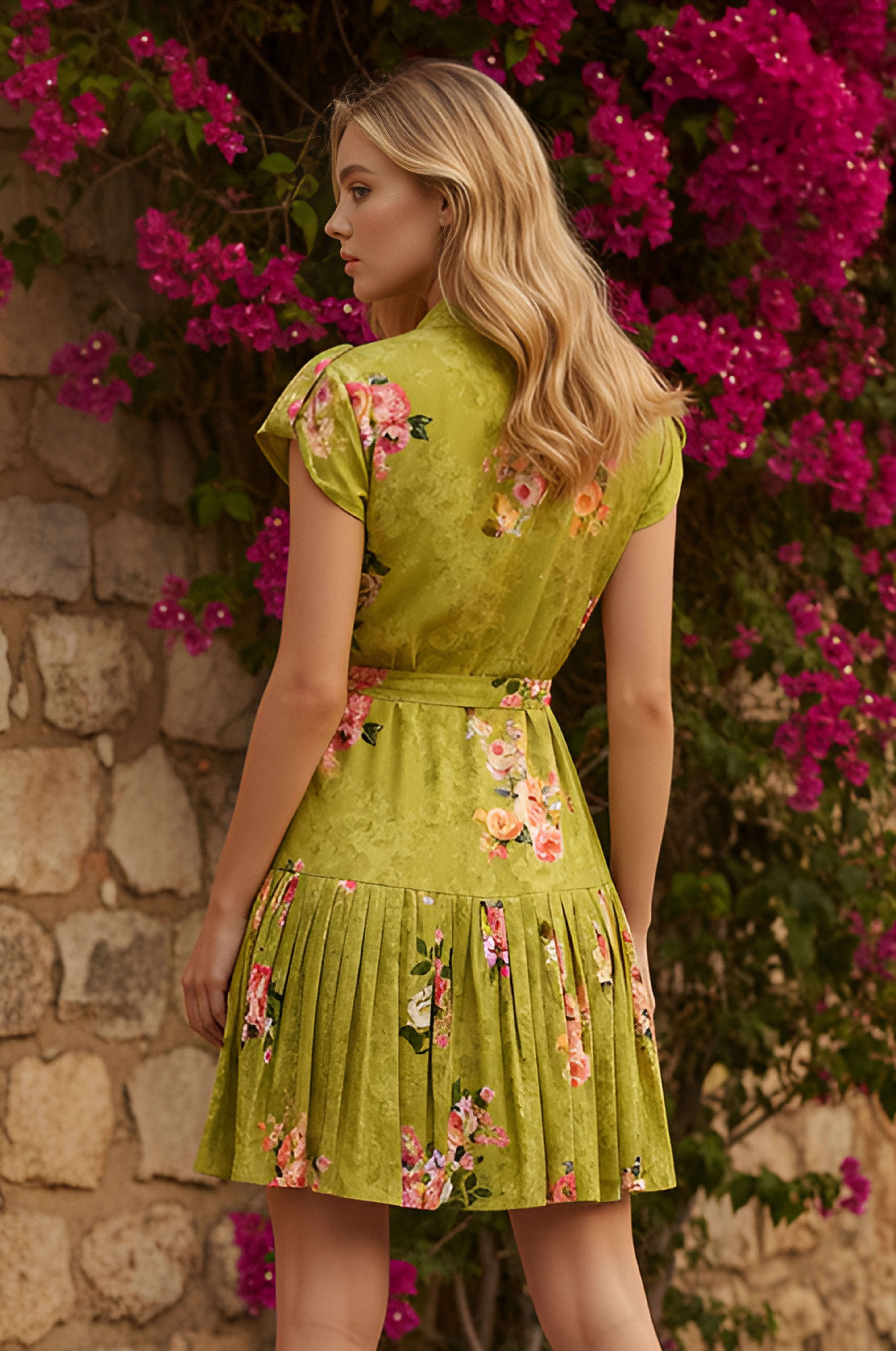 A woman in the Olive Bloom Floral Short Casual Dress: Emma, featuring short sleeves and a green floral print, stands outdoors with her back turned near a stone wall and vibrant pink flowers.